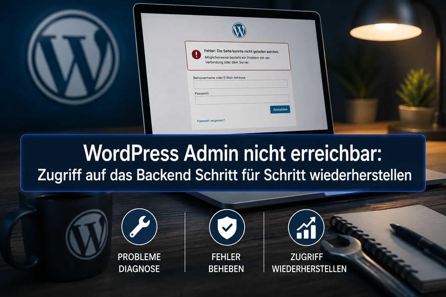 Professional landscape hero image () with a reading "WordPress Admin nicht erreichbar: Zugriff…". CRITICAL TYPOGRAPHY RULES: