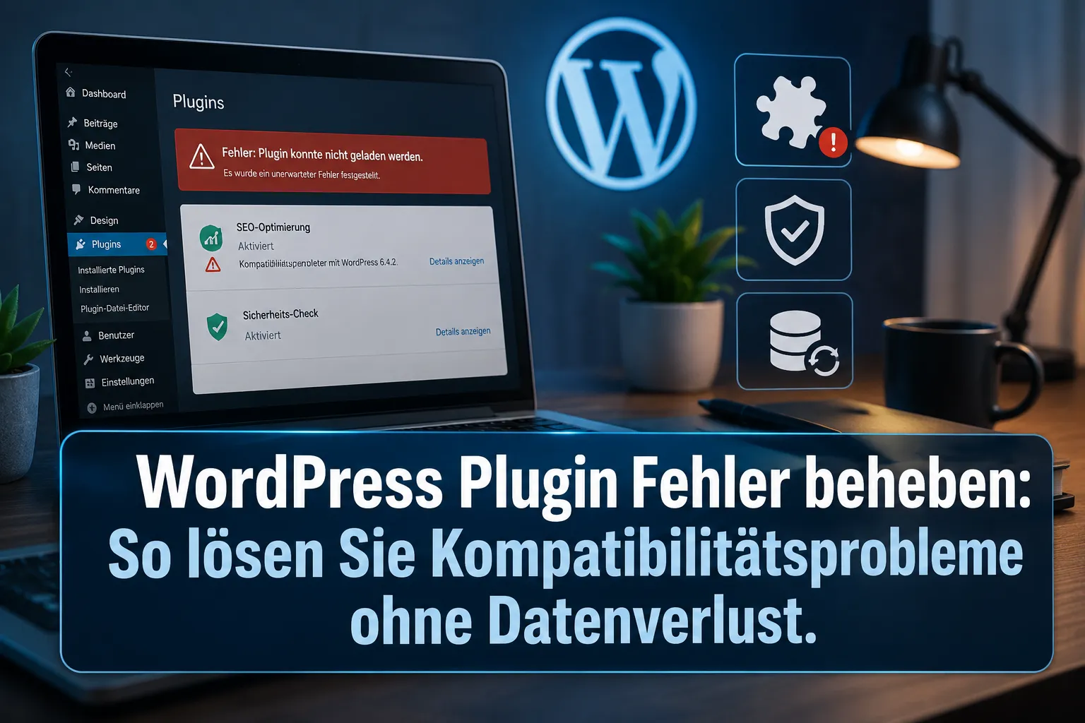 Professional landscape hero image () with a reading "WordPress Plugin Fehler beheben: So lösen…". CRITICAL TYPOGRAPHY RULES: