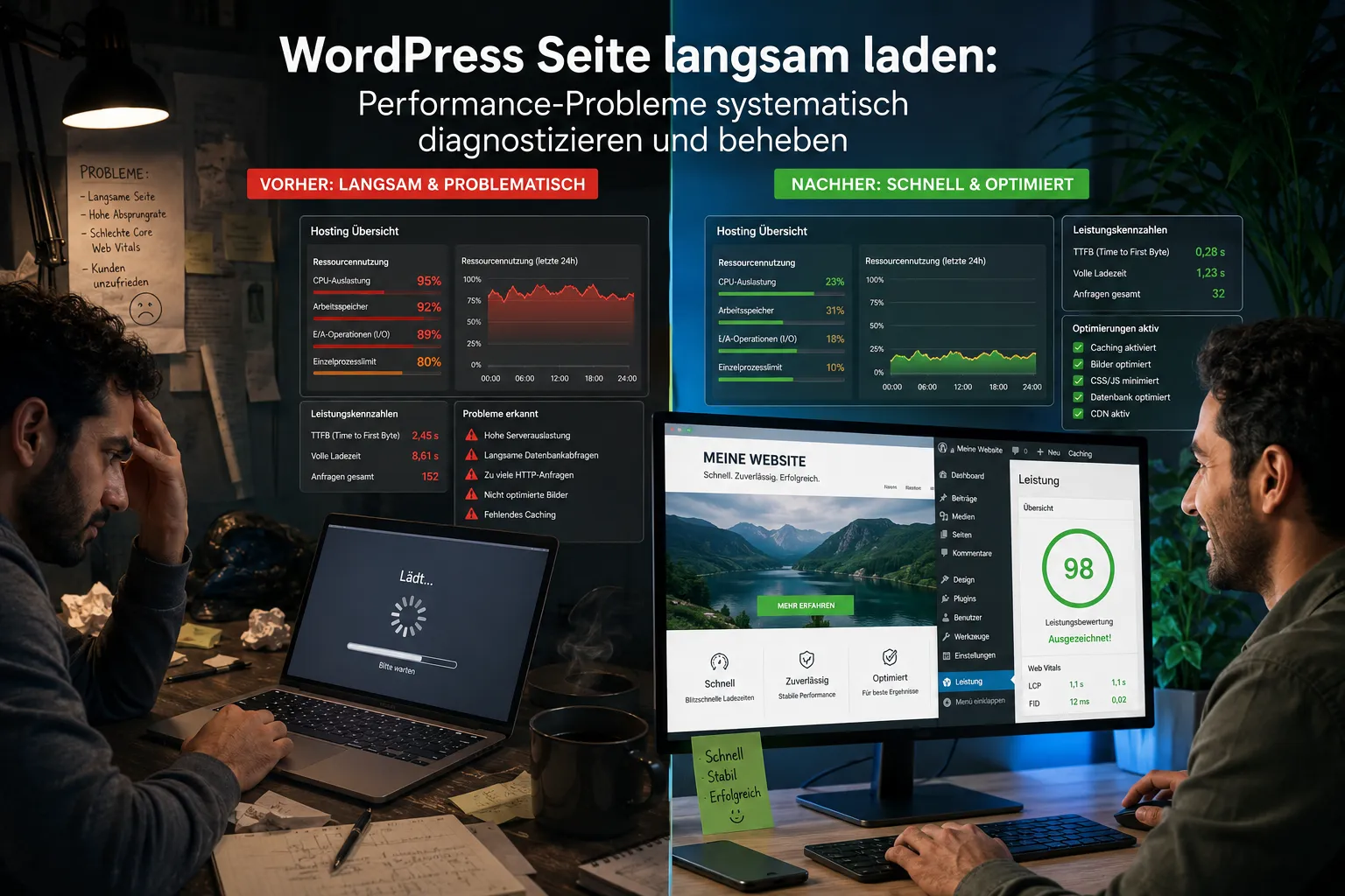 Editorial split-screen comparison showing WordPress performance bottlenecks: left side displays a frustrated Middle Eastern