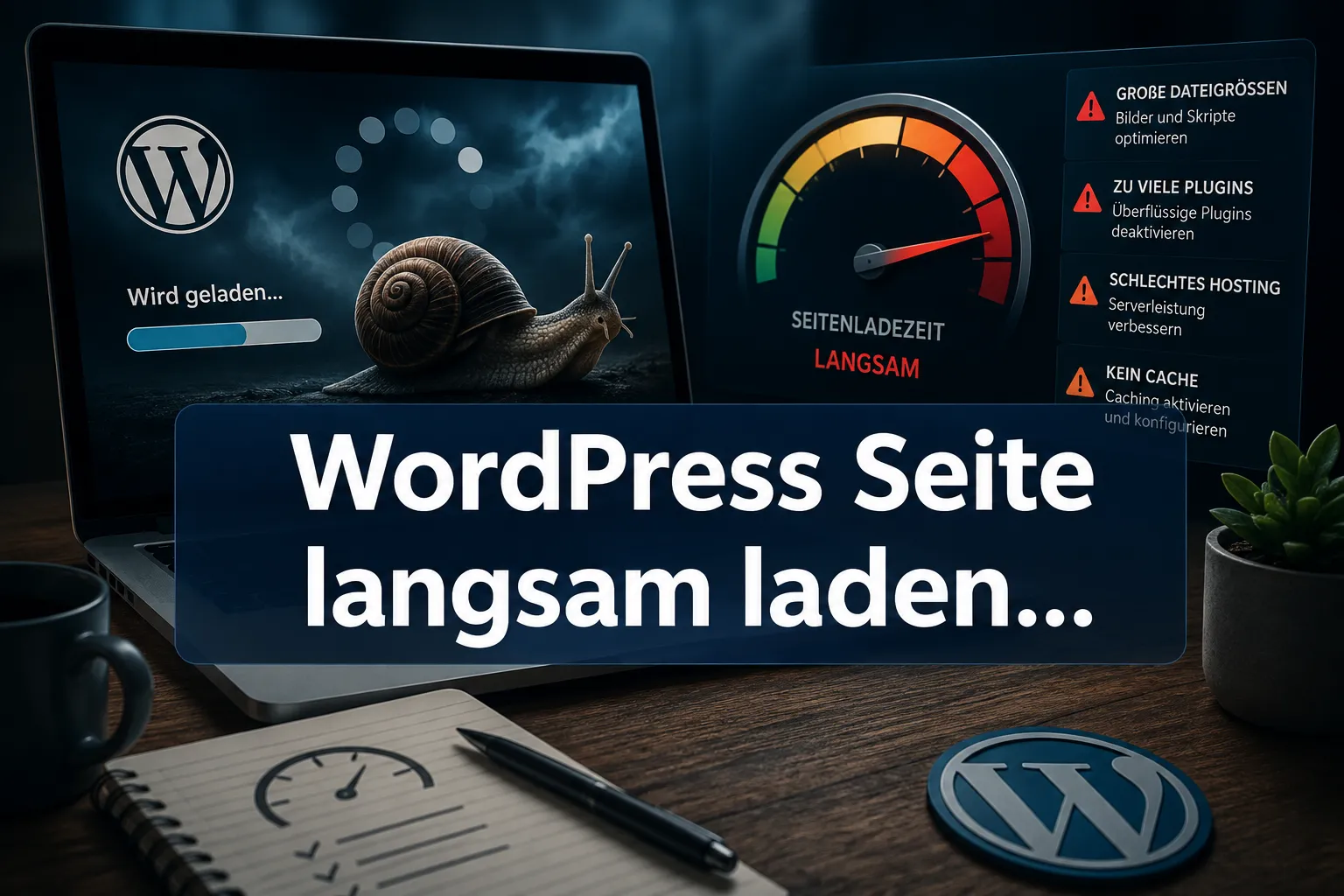 Professional landscape hero image () with a reading "WordPress Seite langsam laden…". CRITICAL TYPOGRAPHY RULES: render the