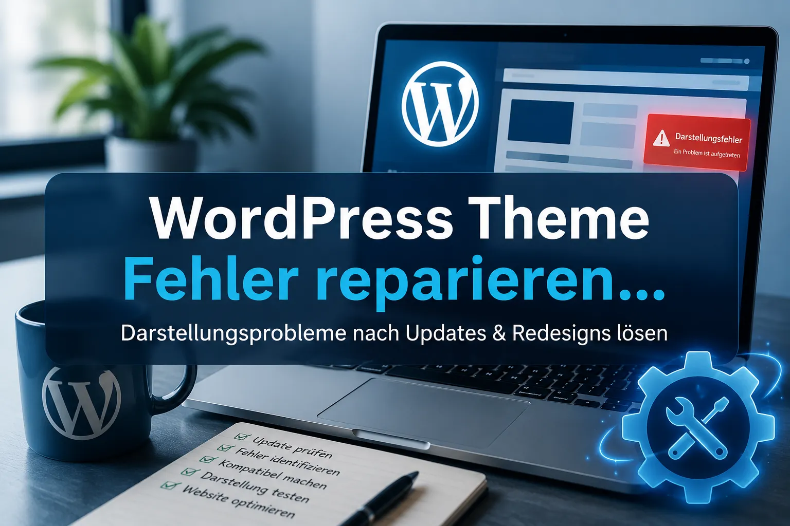 Professional landscape hero image () with a reading "WordPress Theme Fehler reparieren…". CRITICAL TYPOGRAPHY RULES: render