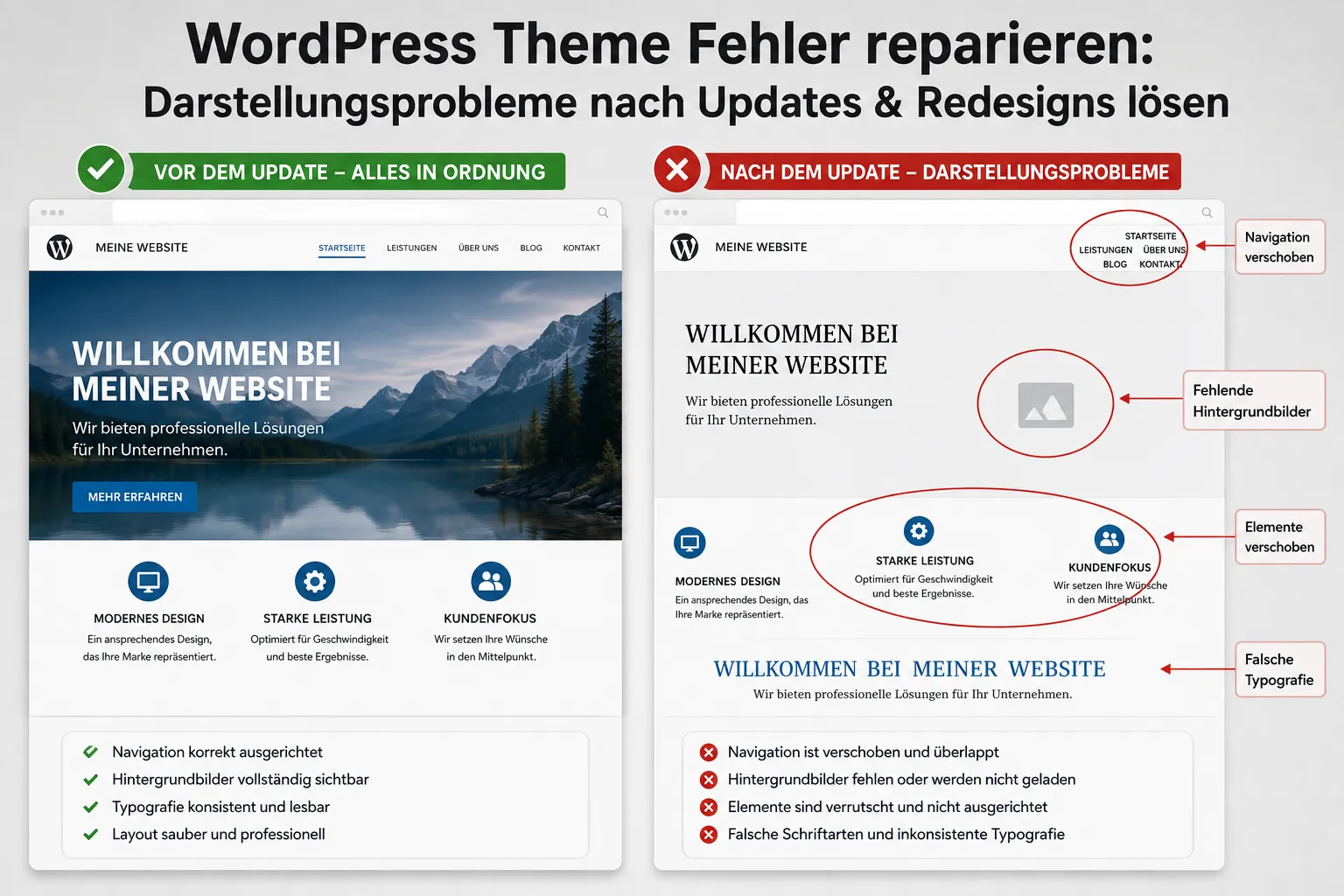 Split-screen comparison editorial layout showing WordPress frontend before and after theme update errors, left side displays