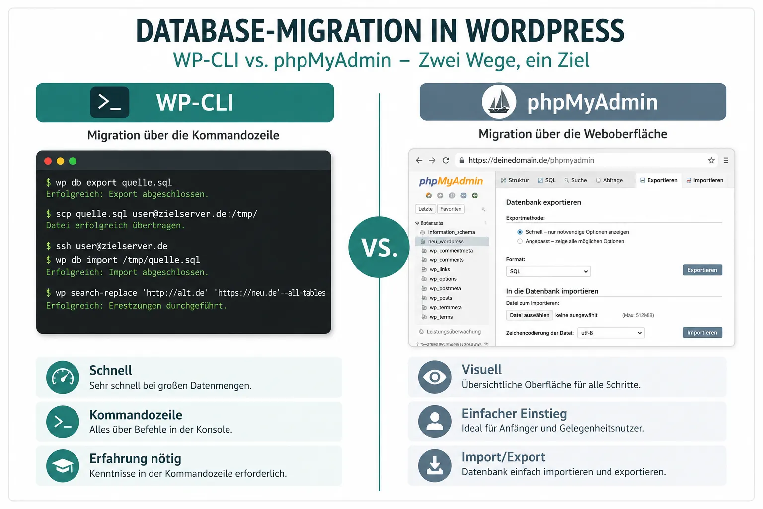 WP-CLI oder phpMyAdmin: Was ist der Unterschied bei der Datenbankmigration?