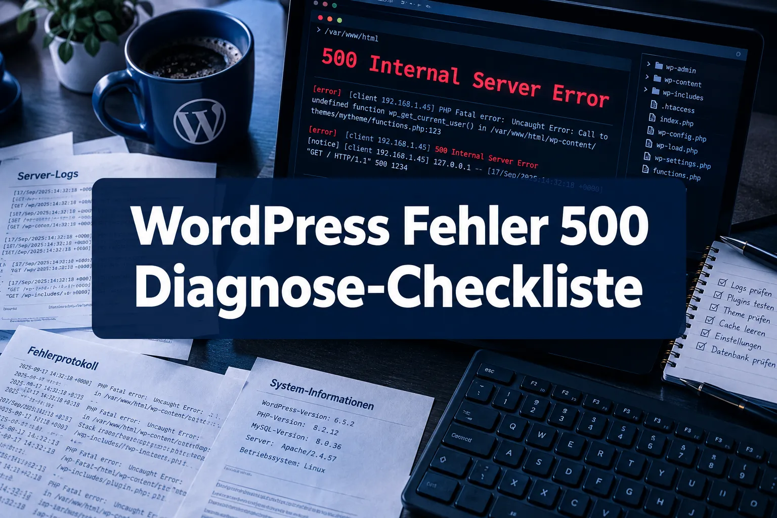 Professional () hero image with German 'WordPress Fehler 500 Diagnose-Checkliste' in crisp white on a deep navy