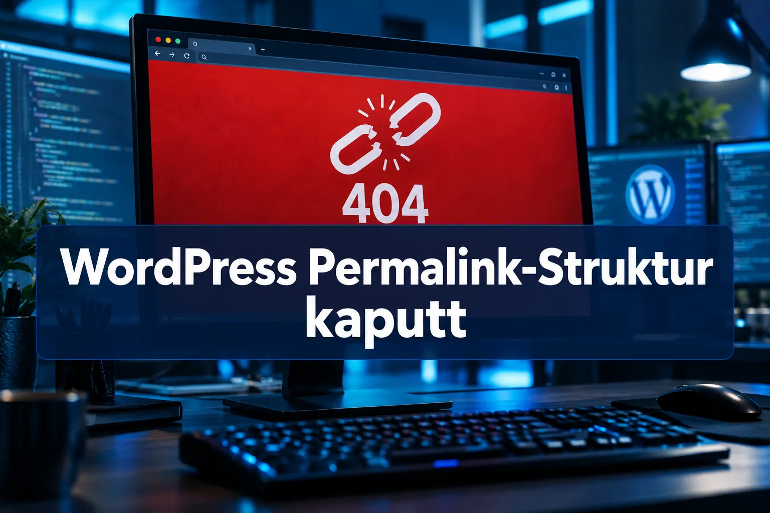 Professional () hero image with 'WordPress Permalink-Struktur kaputt' in crisp white modern on a deep semi-transparent