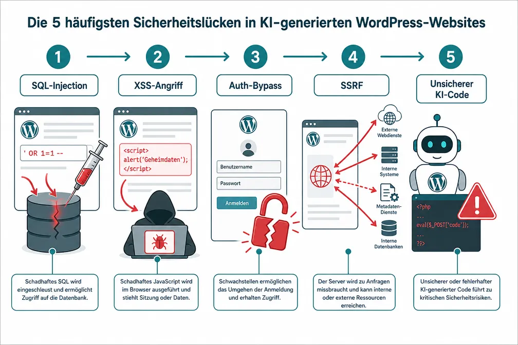 Was sind die häufigsten Sicherheitslücken bei KI-generierten WordPress-Seiten?