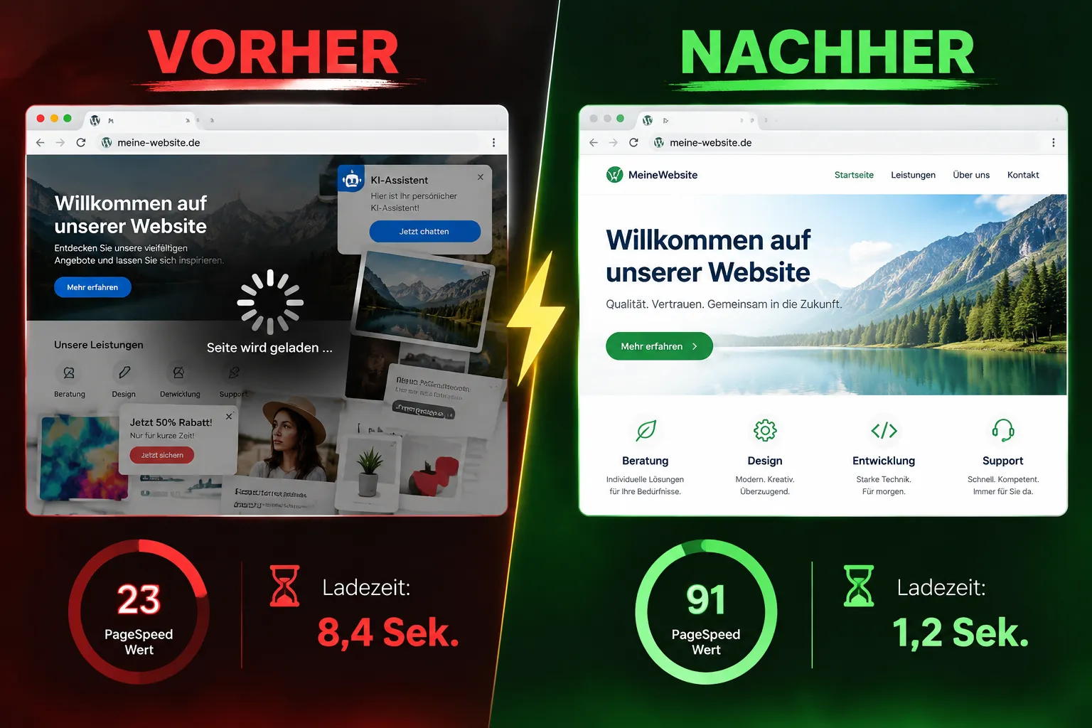 Wie kann ich die Ladezeit meiner AI-generierten WordPress-Seite verbessern: Vor- und Nachher
