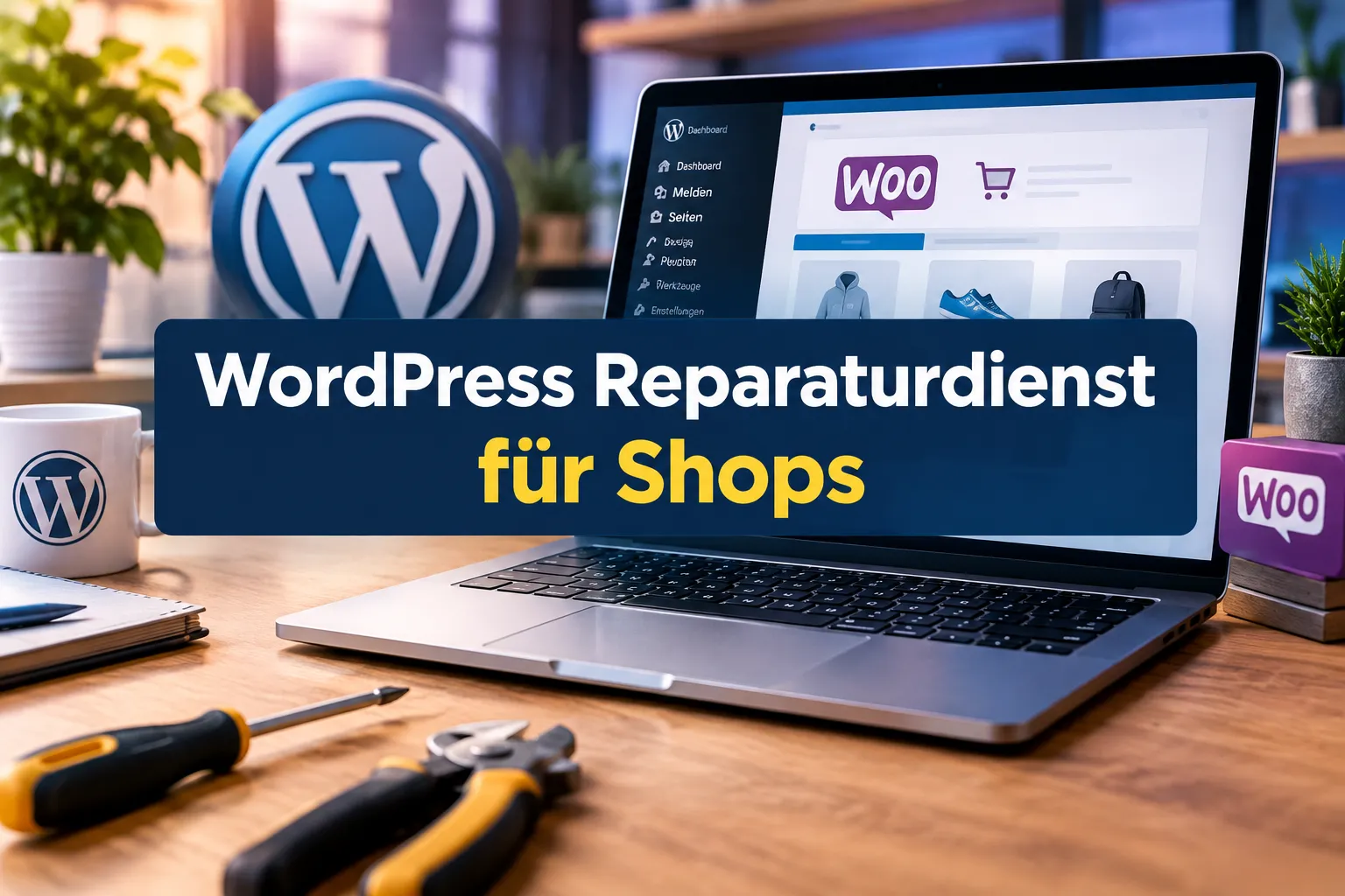Professional landscape hero image () with a reading "WordPress Reparaturdienst für Shops". CRITICAL TYPOGRAPHY RULES: render