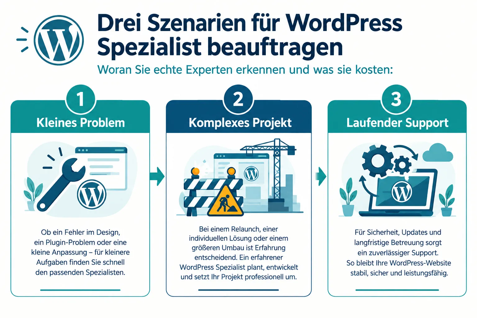 Entscheidungsdiagramm wann ein WordPress Spezialist nötig ist